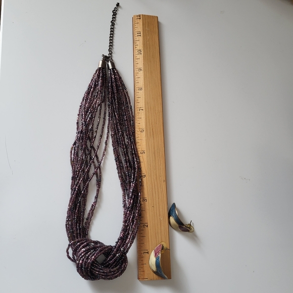 Purple Multistrand Knotted Seed Bead Necklace and Vintage Enamel Earrings - Picture 16 of 16